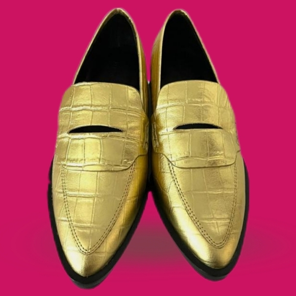 REBECCA MINKOFF Pacey Gold Penny Loafer Leather Croc Embossed Women's Size 8.5 - Picture 2 of 10